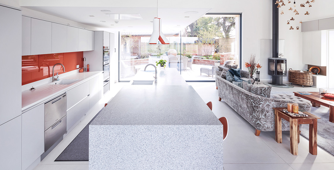 Refurbished and redesigned kitchen and dining area inside Ellingham Barns - a barn conversion project in Dorset, by INKSPACE Architects and Interior