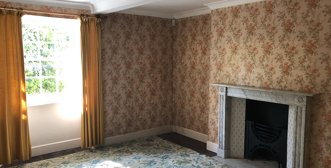 Living room being refurbished inside a Grade II listed house in Dorset, a restoration project by INKSPACE Architects and Interior Designers in Dorset, Cornwall and Devon