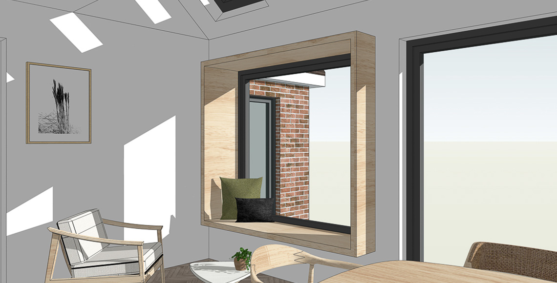 CGI design of room in Little Garth, designed by INKSPACE Architects and Interior Designers in Dorset, Cornwall and Devon.