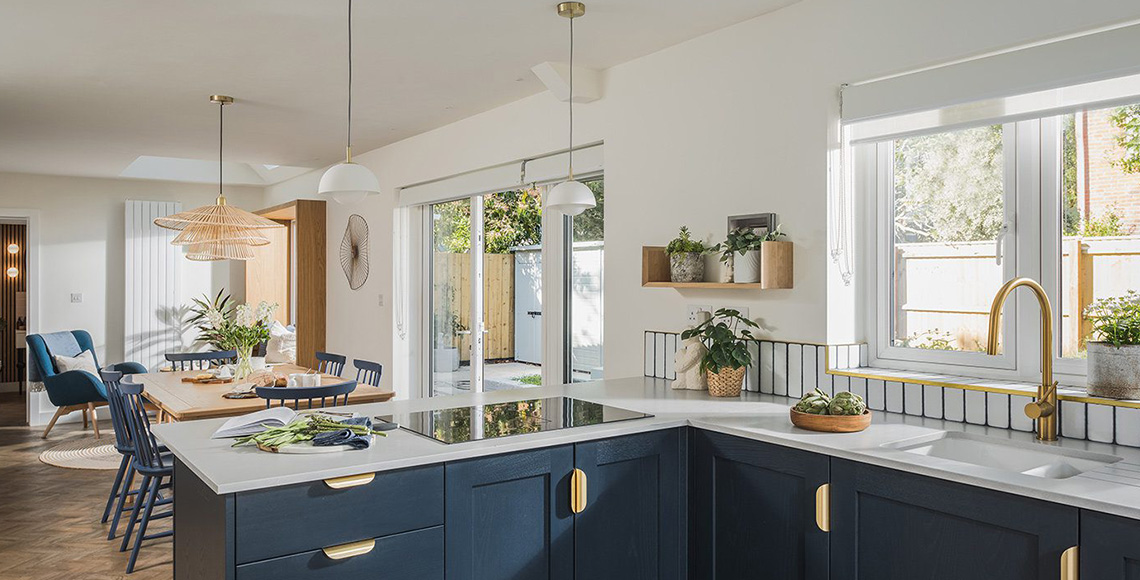 Kitchen and dining area in Little Garth, designed by INKSPACE Architects and Interior Designers in Dorset, Cornwall and Devon.