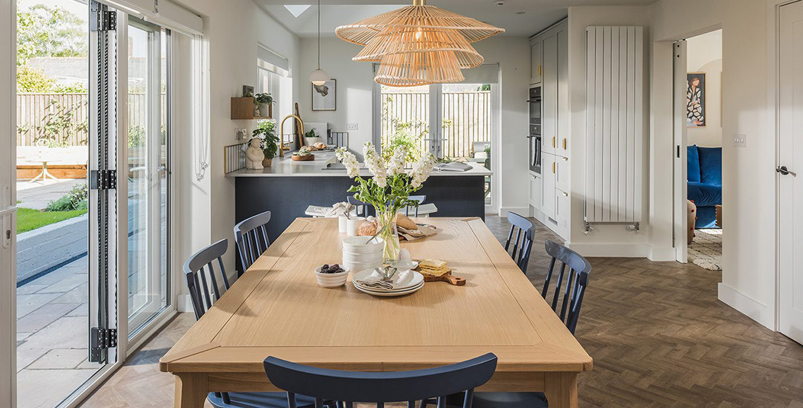 Dining and kitchen area in Little Garth, designed by INKSPACE Architects and Interior Designers in Dorset, Cornwall and Devon.